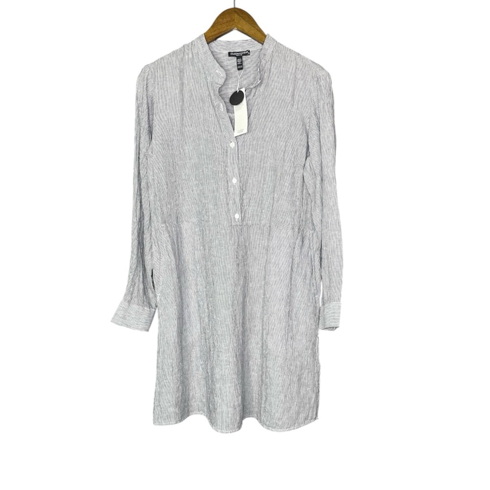 Eileen Fisher Puckered Organic Linen Stripe Shirt Dress Petite Ink NWT